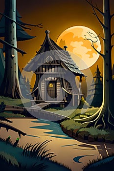 Fairytale landscape with wooden hut in forest at moonlit night