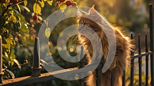 a fairytale-like garden, a cute long-haired cat perches on a vintage wrought-iron fence, its fur glistening in the warm sunlight