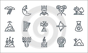 fairytale line icons. linear set. quality vector line set such as cave, castle, castle, magic ball, dragon, volcano, bow, satyr,