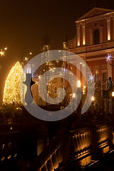 Fairytale Ljubljana city In Christmas Time with Christmas Tree, bridge and Christmas decoration, Slovenia