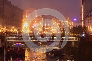 Fairytale Ljubljana city In Christmas Time with Christmas Tree, bridge and Christmas decoration, Slovenia