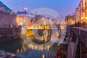 Fairytale Ljubljana city In Christmas Time with Christmas Tree, bridge and Christmas decoration, Slovenia