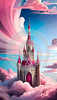 Fairytale magic pink castle on clouds in the sky