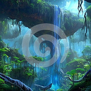Fairytale magical fantasy hd wallpaper of enchanted waterfall, blue water stream, illustration, ai generative