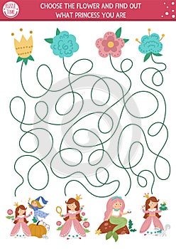 Fairytale maze for kids with cute princesses and flowers. Magic kingdom preschool printable activity with Cinderella, Sleeping