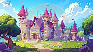 A fairytale medieval castle in a natural landscape with stone walls, a purple roof, windows, doors, a flag on the castle