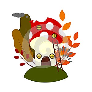 Fairytale mushroom house. Cartoon house fly agaric. Fantasy house of forest gnome or elf. Children\'s autumn design. Vector photo