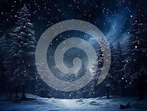 Fairytale night forest covered with snow in the moonlight. Winter landscape. New Year concept