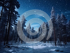 Fairytale night forest covered with snow in the moonlight. Winter landscape. New Year concept