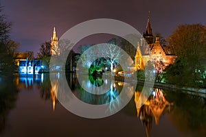 Fairytale night Lake Minnewater in Bruges, Belgium