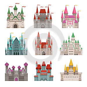 Fairytale old medieval castles or palaces with towers. Vector pictures in cartoon style