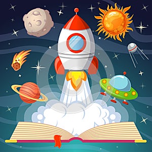 Fairytale open book with spaceship, sun, moon, saturn, UFO, comet