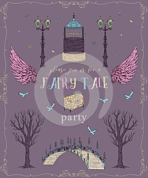 Fairytale party invitation with , lantern, bridge, well, trees, wings, chest,birds and butterflies. Fairy tale theme.