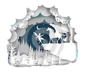 Fairytale Pegasus, vector illustration in paper art style