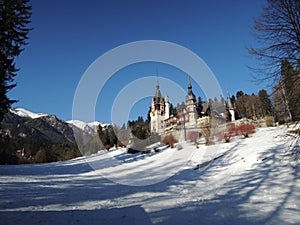 Fairytale Peles castle in winter, Romania