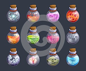 Fairytale poisons. Chemical alchemy colored bottles with liquid poison exact vector fantasy pictures set