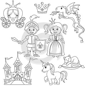 Fairytale princess, knight, castle, carriage, unicorn, crown, dragon, cat and butterfly