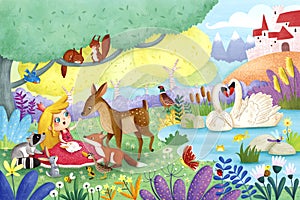 Fairytale princess with wild animals friends