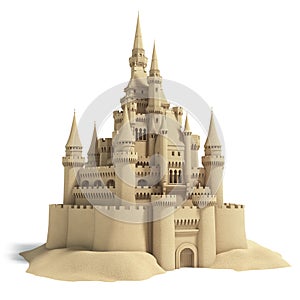 Fairytale sand castle isolated on white background