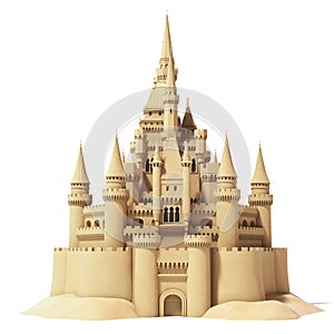 Fairytale sand castle isolated on white background.