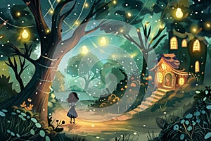 A fairytale scene at dusk with a child gazing at a whimsically lit cottage, surrounded by a vibrant forest and glowing