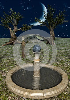 A fairytale scene with a fountain with water,