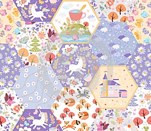 Fairytale seamless patchwork pattern with unicorns, cats and foxes, castle, flowers and trees in magic forest. Cute print