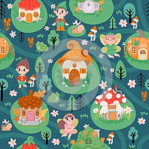 Fairytale seamless pattern with magic village houses and fairies. Cartoon children print with elves and gnomes in forest
