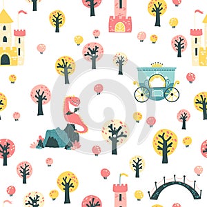 Fairytale seamless pattern. Vector children`s illustration of a princess castle in the forest with a crown and a dragon cave in