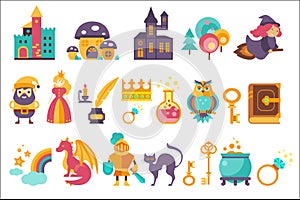 Fairytale set, princess, princess, castle, gnome, witch, dragon, rainbow, knight and othe elements vector Illustrations