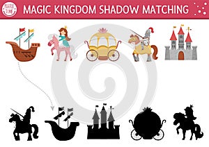 Fairytale shadow matching activity with castle, princess, knight. Magic kingdom puzzle with traditional symbols and characters.