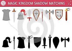 Fairytale shadow matching activity with sward, shield, helmet. Magic kingdom puzzle with traditional knight armor. Find correct
