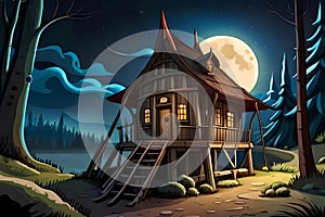 Fairytale small house at moonlit night