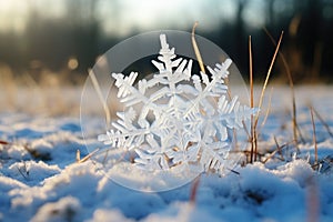 Fairytale snowflake on a snowy winter meadow. Winter landscape under the evening sun.