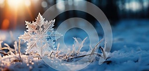 Fairytale snowflake on a snowy winter meadow. Winter landscape under the evening sun.