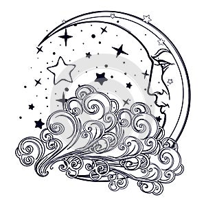 Fairytale style crescent moon with a human face resting on a curly ornate cloud with a starry nignht sky behind photo