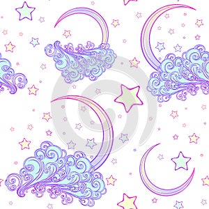 Fairytale style crescent moon with a human face resting on a curly ornate cloud with a starry nignht sky behind. Pastel