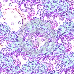 Fairytale style crescent moon with a human face resting on a curly ornate cloud with a starry nignht sky behind. Pastel