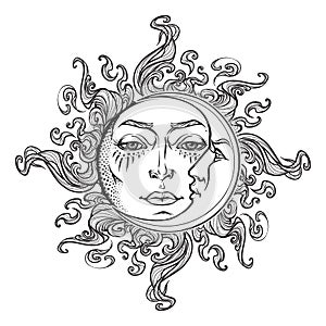 Fairytale style hand drawn sun and crescent moon with a human faces.