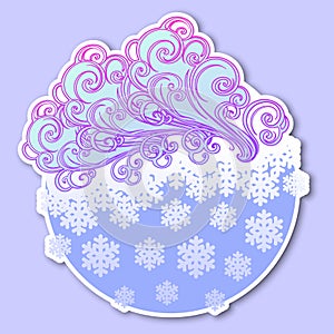 Fairytale style winter festive sticker. Curly ornate clouds with a falling snowflakes. Weather forecast icon. Christmas