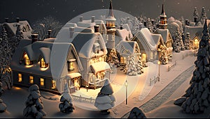 Fairytale surreal fantasy Christmas village with snow. Winter landscape. Generative AI