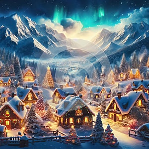 Fairytale surreal fantasy Christmas village with snow. Winter landscape. Generative AI