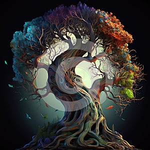 Fairytale tree with curved branches, roots and colorful leaves standing on dark mystique forest at night. Spellbook
