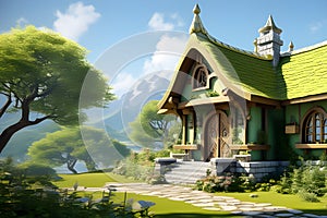 Fairytale tree house in a mysterious forest, house of pixies and elves. template for design. Playground AI platform.