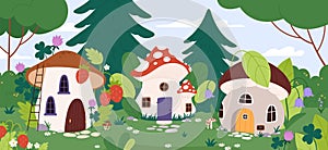 Fairytale village in forest. Fantasy city with mushroom houses on meadow with flowers, wood and grass. Dwarf or fairy