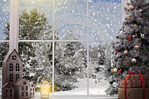 Fairytale winter christmas window and christmas object