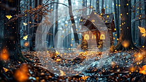 Fairytale wooden house in the autumn forest. Magical atmosphere. Halloween concept