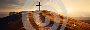 Faith-based image of a cross on a hill, symbolizing Christian faith, hope, and spiritual journey. Ideal for Easter, Lent, church photo