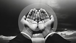 Faith concept- Black and white muslim prayer open two empty hands with palms up for pray