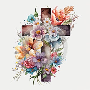 Faith in Full Bloom Watercolor Cross with a Rainbow of Flowers - Generative AI